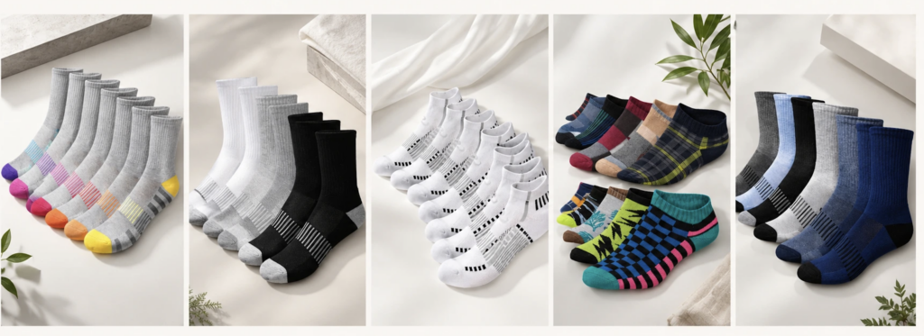 Clean horizontal comparison using authorized images of the five featured Tipi Toe and James Fiallo sock multipacks