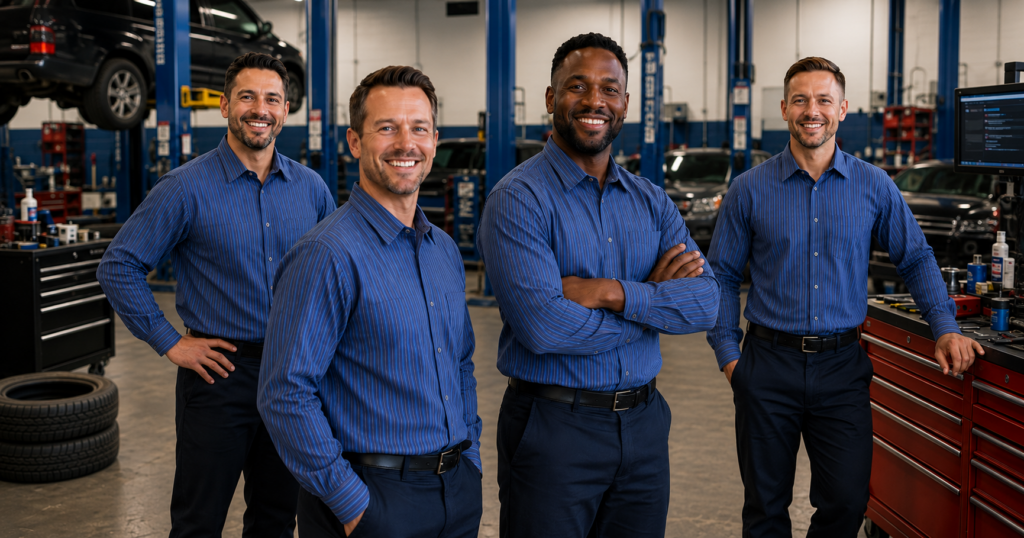 Auto repair shop crew wearing matching long sleeve yarn dye blue mechanic work shirts