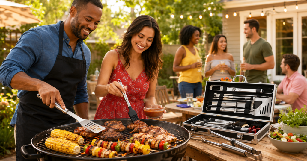 Must-have grilling tools arranged beside an outdoor barbecue grill