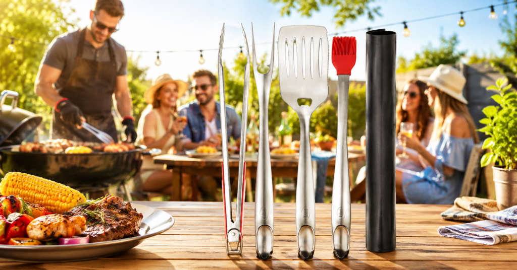 Long-handled stainless steel grilling tools being used over a barbecue grill