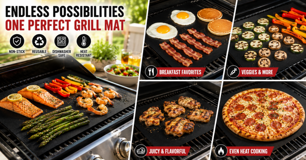 Fish and sliced vegetables cooking on a reusable non-stick grill mat