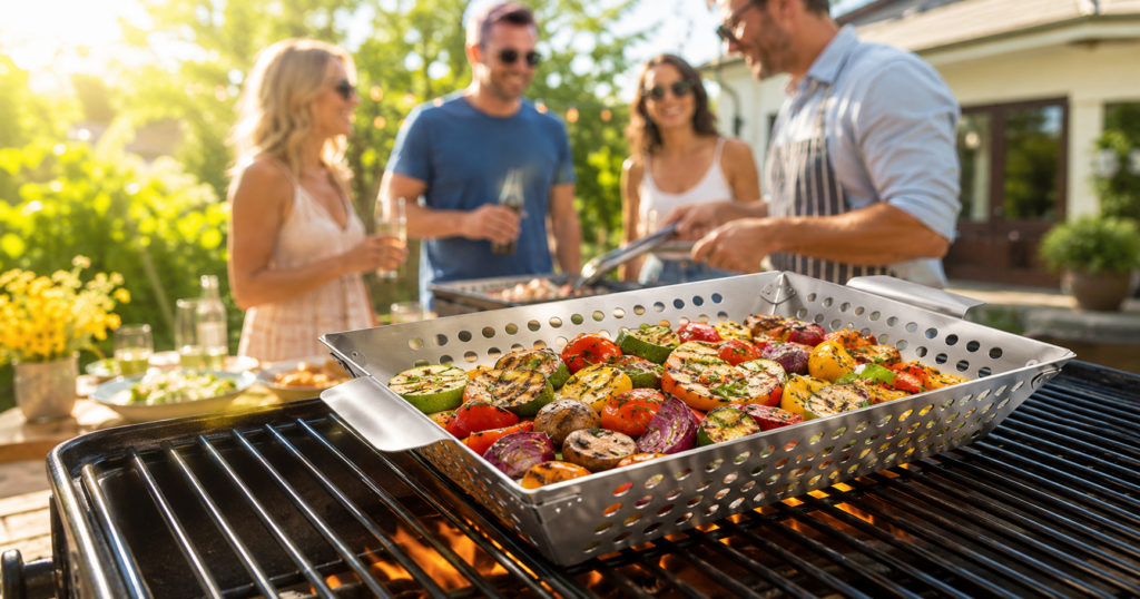Vegetables and shrimp cooking in a stainless steel grill basket