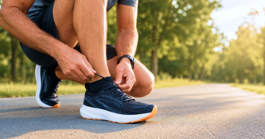 Man running on a paved path in supportive men's running shoes