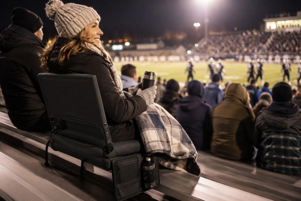 staying warm using a heated cushioned stadium seat on a cold night watching highschool football game.