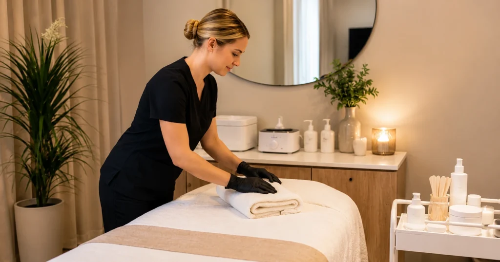 Bright and welcoming Pampered Peach Wax Bar studio interior in Naples, Florida