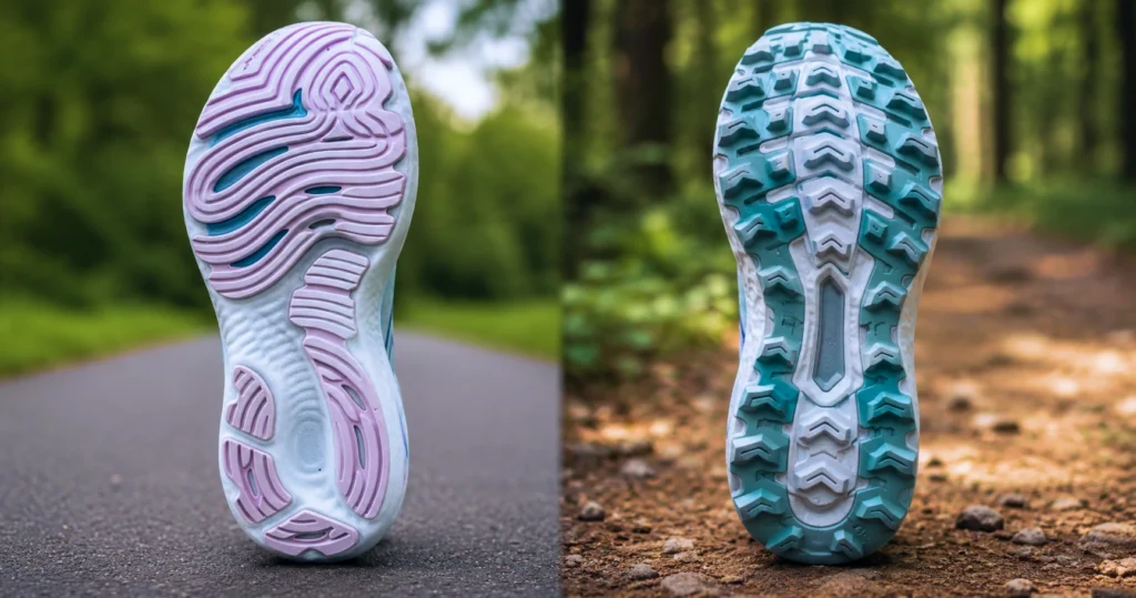 Road and trail running shoe outsoles with different tread patterns