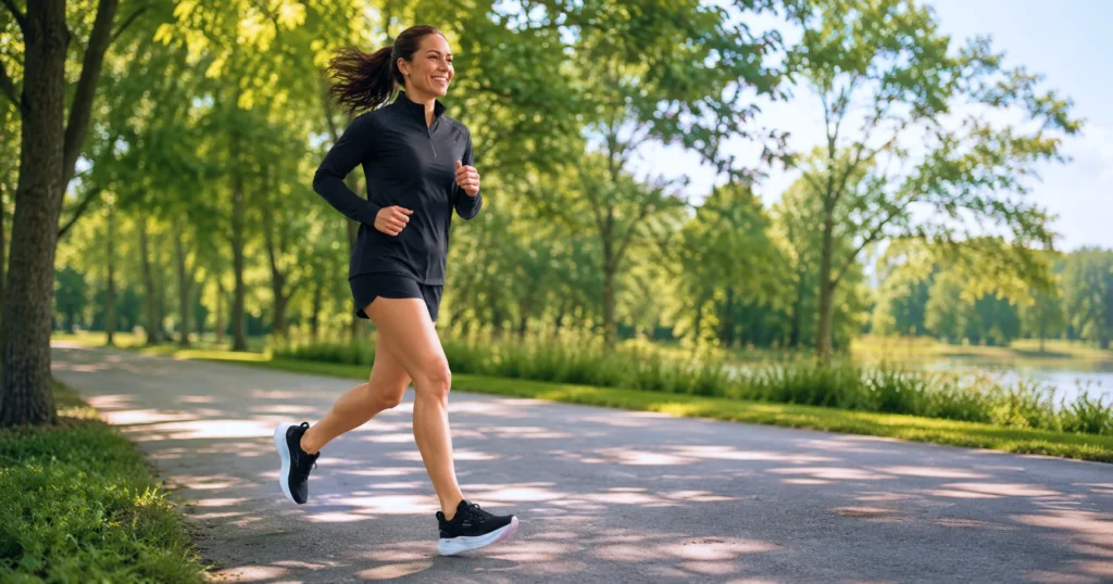 Woman running on a paved path in supportive road running shoes