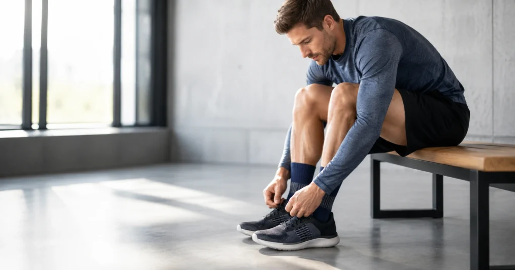 Adult male athlete preparing for a run or court session with running shoes and socks clearly visible