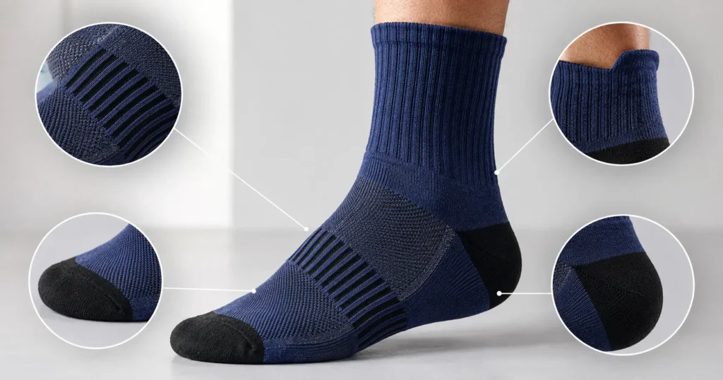 Close-up of an athletic sock showing the arch band, shaped heel pocket, heel tab, and smooth toe seam