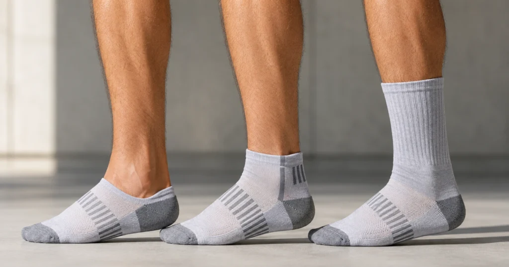 Side-by-side comparison of no-show, low-cut, ankle, and crew athletic socks on adult male legs