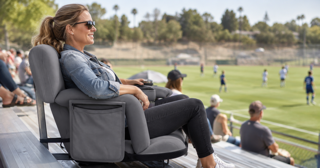 Portable cushioned, reclining, and heated stadium seats for long games and tournaments