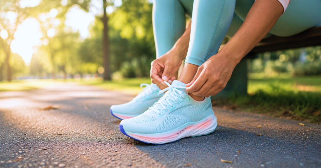 Woman checking heel fit and toe room in a running shoe, comfort is the key to finding the best runnning shoes for women