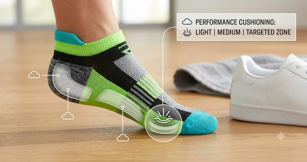 Women's cushioned athletic socks with heel and forefoot padding, arch bands. 